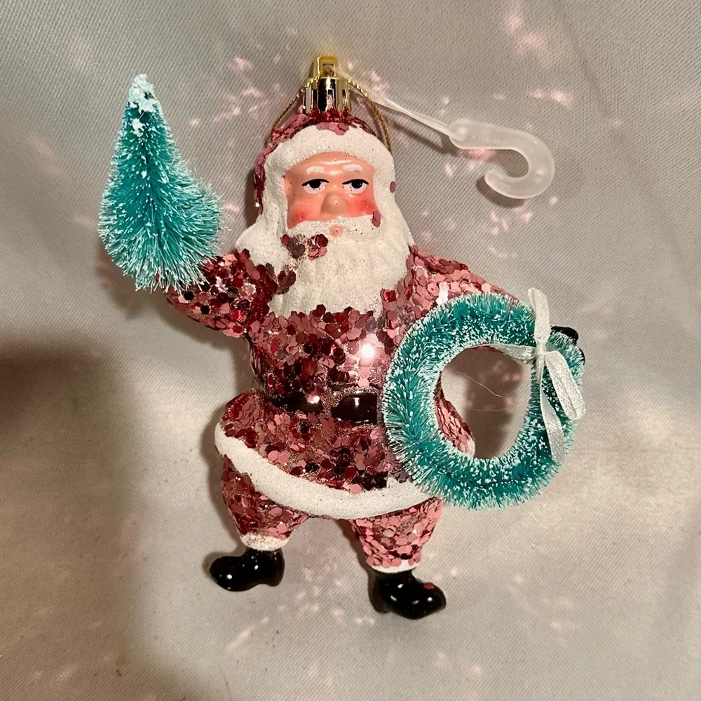 Pink Glittery Santa Claus Figurine Ornament